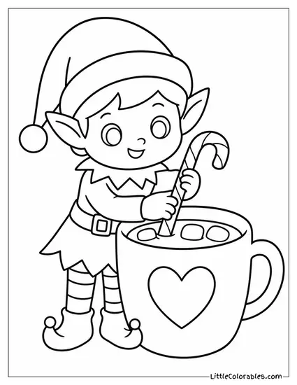 Kawaii Elf Stirring Cocoa with a Candy Cane Coloring Page