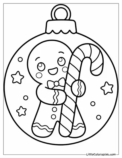 Kawaii Gingerbread Man Hugging a Candy Cane Coloring Page