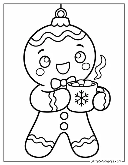 Kawaii Gingerbread Man Sipping Cocoa Happily Coloring Page