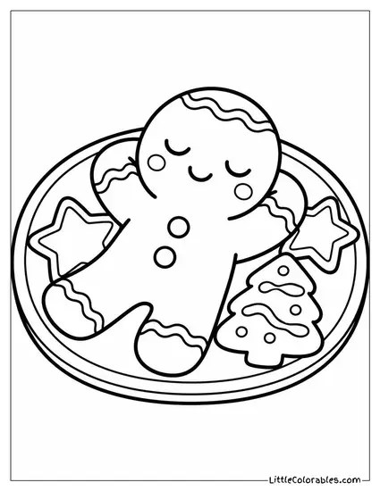 Kawaii Gingerbread Man Sleeping on a Cookie Plate Coloring Page