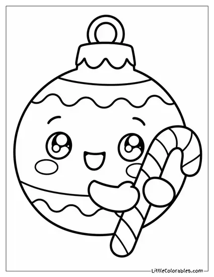 Kawaii Ornament Hugging a Small Candy Cane Coloring Page