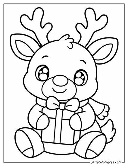 Kawaii Reindeer Hugging a Small Gift Box Coloring Page