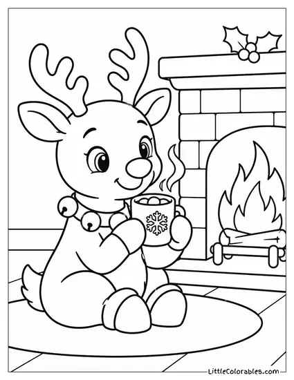 Kawaii Reindeer Sipping Cocoa by the Fire Coloring Page