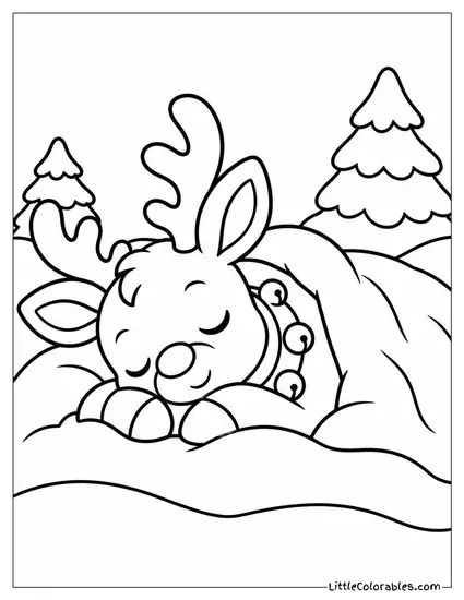 Kawaii Reindeer Sleeping Under a Snowy Blanket Coloring Page