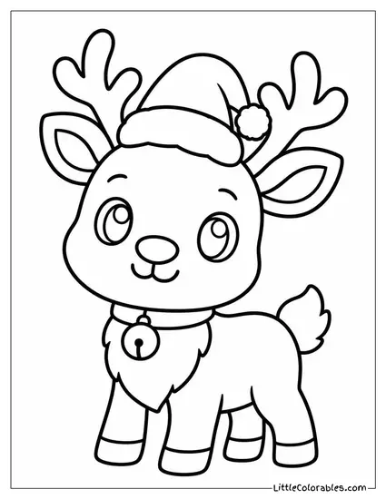 Kawaii Reindeer Wearing a Tiny Santa Hat Coloring Page