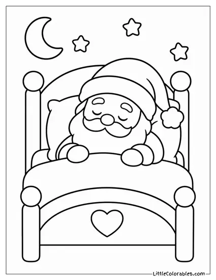 Kawaii Santa Asleep in a Tiny Bed with a Christmas Hat On Coloring Page