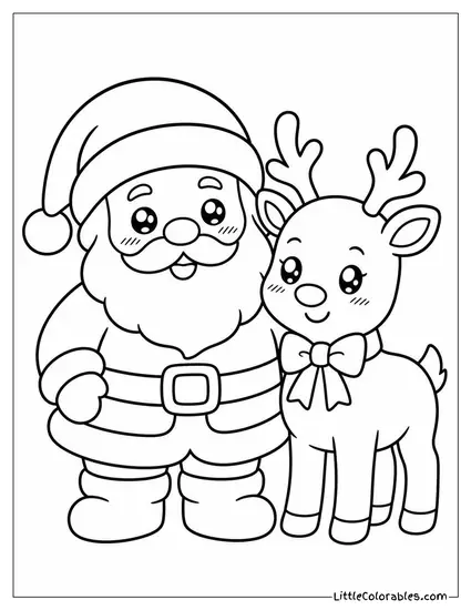 Kawaii Santa Blushing Beside a Kawaii Reindeer with a Bow Coloring Page