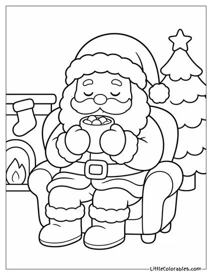Kawaii Santa Drinking Hot Cocoa with Both Hands Eyes Closed Content Coloring Page