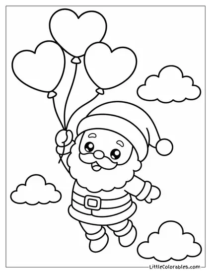 Kawaii Santa Floating Upward Holding Heart Shaped Balloons Coloring Page