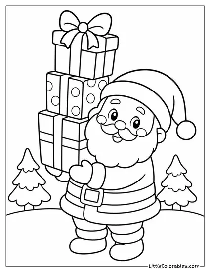Kawaii Santa Holding a Stack of Gifts Taller Than Himself Coloring Page