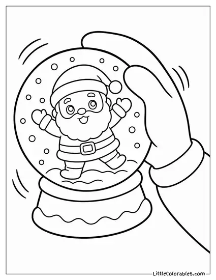 Kawaii Santa in a Snow Globe Being Shaken by a Giant Hand Coloring Page