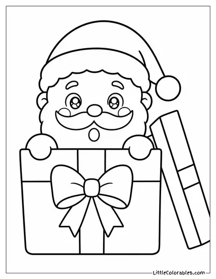 Kawaii Santa Peeking Out of a Gift Box with a Surprised Face Coloring Page