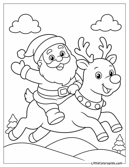 Kawaii Santa Riding a Chubby Reindeer at Full Trot Coloring Page
