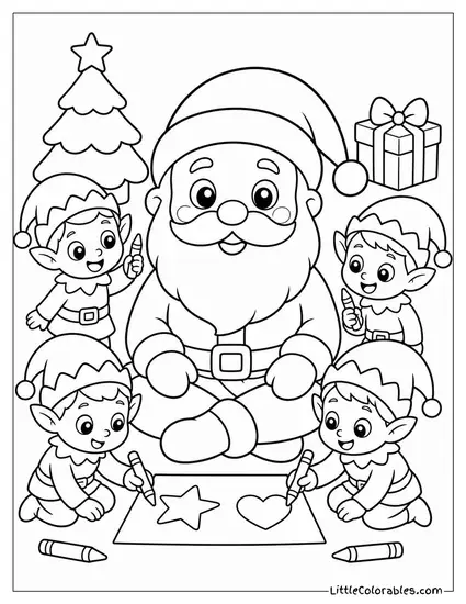 Kawaii Santa Sitting Cross-Legged Surrounded by Tiny Elves Coloring Page