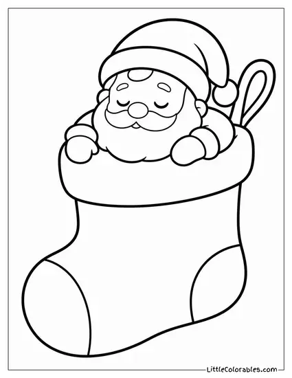 Kawaii Santa Sleeping Inside a Giant Christmas Stocking Coloring Page