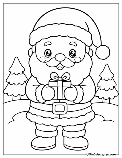 Kawaii Santa with Rosy Cheeks Holding a Tiny Wrapped Gift Coloring Page