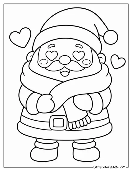 Kawaii Santa Wrapped in a Cozy Oversized Scarf with Heart Eyes Coloring Page