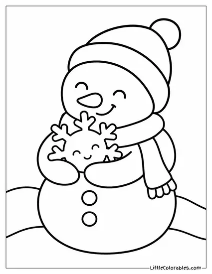 Kawaii Snowman Hugging a Small Snowflake Coloring Page