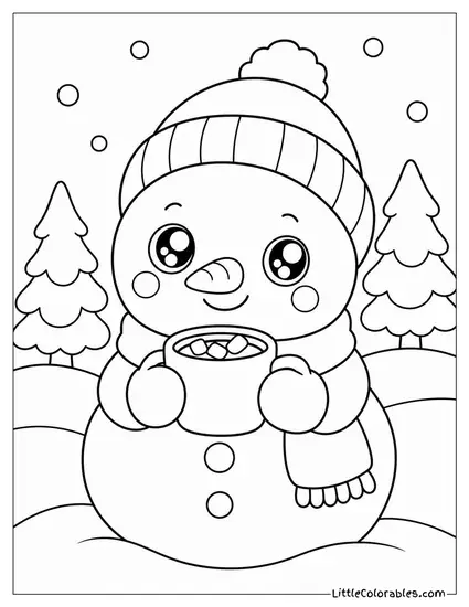 Kawaii Snowman Sipping Cocoa with Big Sparkly Eyes Coloring Page