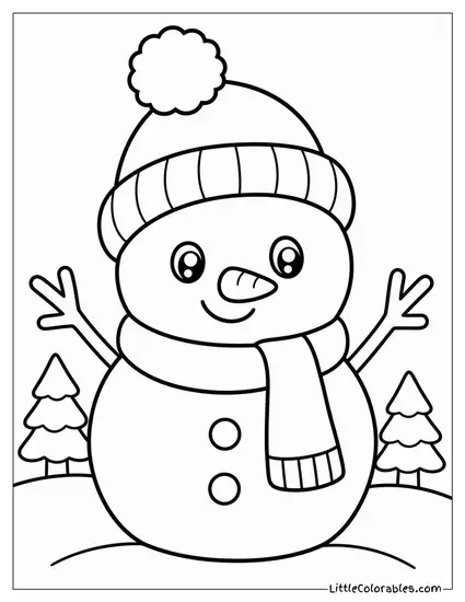 Kawaii Snowman Wearing a Fuzzy Pom Pom Hat Coloring Page
