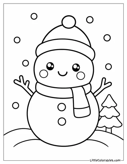 Kawaii Snowman with Rosy Cheeks and Tiny Arms Coloring Page