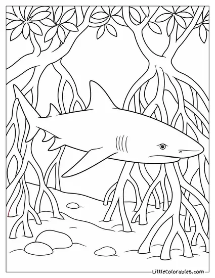 Lemon Shark Gliding Between Mangrove Roots Coloring Page