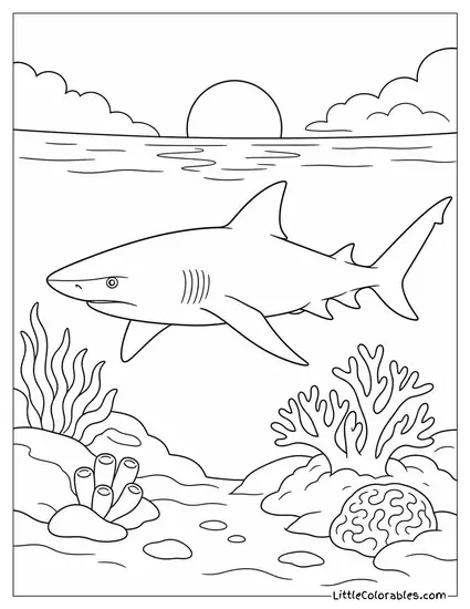 Lemon Shark Patrolling a Shallow Reef at Dusk Coloring Page