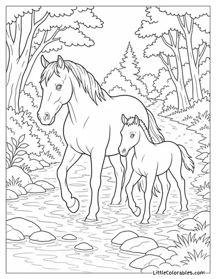 Mare Leading Her Foal Through a Stream Crossing on a Forest Trail Coloring Page