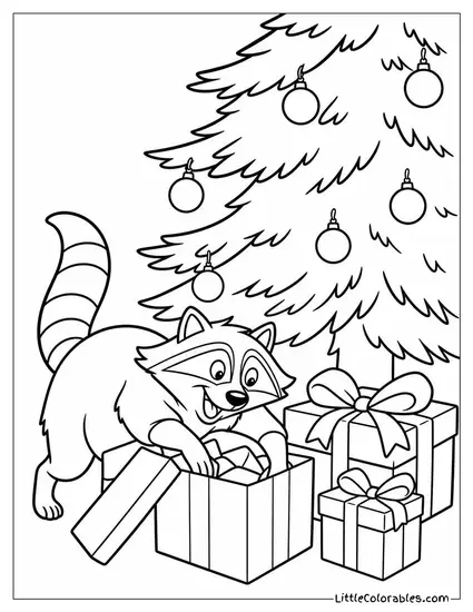 Meeko Raiding the Gifts Under a Christmas Tree Coloring Page