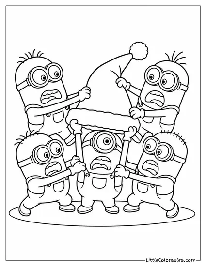 Minions All Fighting Over Who Gets to Wear the Santa Hat Coloring Page