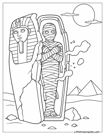 Mummy Sarcophagus Cracked Open with Dust Drifting into Moonlight Coloring Page