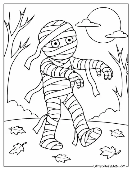 Mummy Shuffling Stiffly with Bandages Trailing Through Dead Leaves Coloring Page