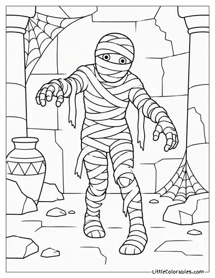Mummy Stumbling Through a Crumbling Tomb Littered with Cobwebs Coloring Page