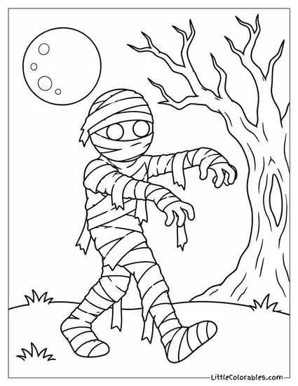 Mummy Wrapped in Tattered Cloth Staggering Past a Spooky Tree Coloring Page