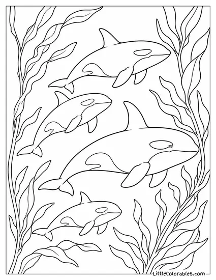 Orca Pod in a Subantarctic Kelp Forest Coloring Page