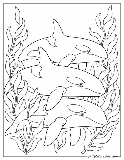 Orca Pod Resting in Kelp with Flippers Drooping Coloring Page