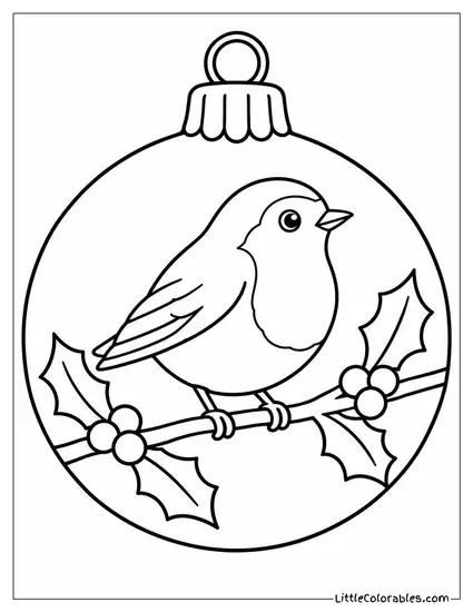 Ornament with a Painted Robin on a Branch Coloring Page