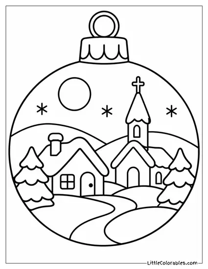 Ornament with a Painted Winter Village Scene Coloring Page