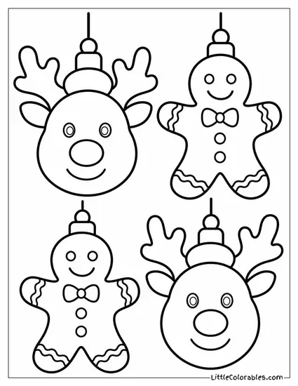Ornaments Shaped Like Reindeer and Gingerbread Men Coloring Page