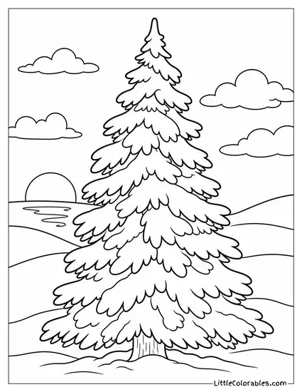 Outdoor Christmas Tree Covered in Snow at Dusk Coloring Page