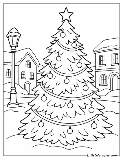Outdoor Christmas Tree in a Snowy Town Square Coloring Page
