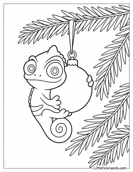 Pascal from Tangled Hanging as an Ornament on a Christmas Tree Coloring Page