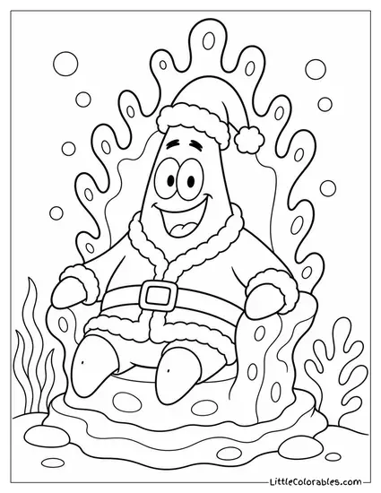 Patrick Star Dressed as Santa Sitting on a Coral Reef Throne Coloring Page