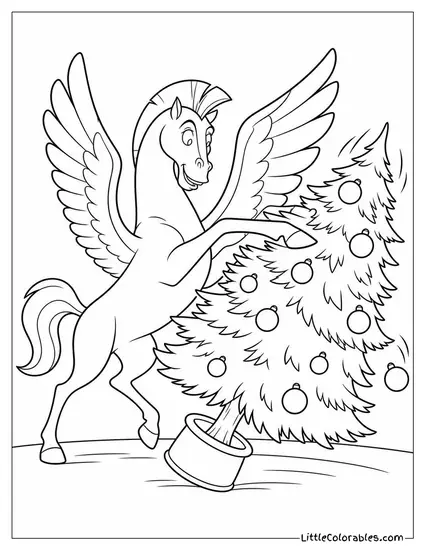 Pegasus from Hercules Knocking a Christmas Tree Over with His Wings Coloring Page