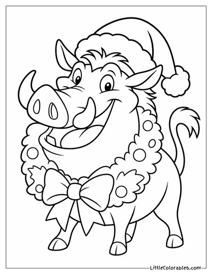 Pumba from Lion King Dressed as Santa with a Wreath Around His Neck Coloring Page