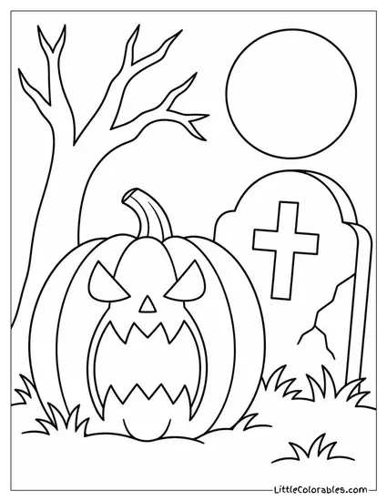 Pumpkin Carved with a Screaming Face Glowing Beside a Tombstone Coloring Page