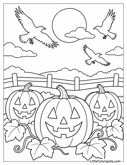 Pumpkin Patch Glowing with Jack O Lanterns as Crows Circle Above Coloring Page