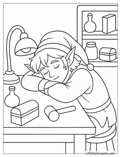 Realistic Elf Asleep at His Workshop Desk Coloring Page