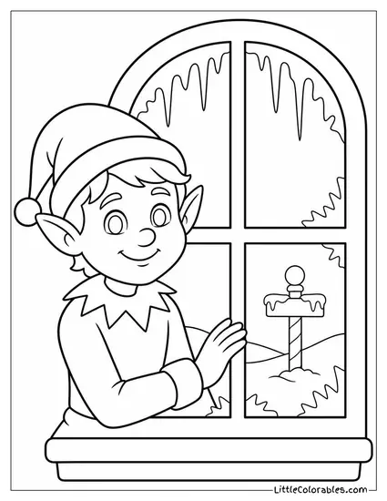 Realistic Elf at a Frosted North Pole Window Coloring Page