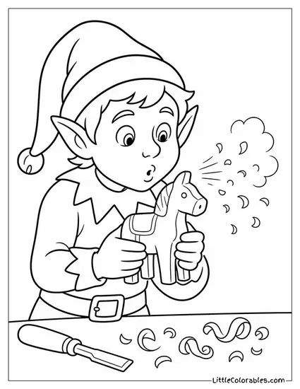 Realistic Elf Blowing Sawdust Off a Carved Toy Coloring Page